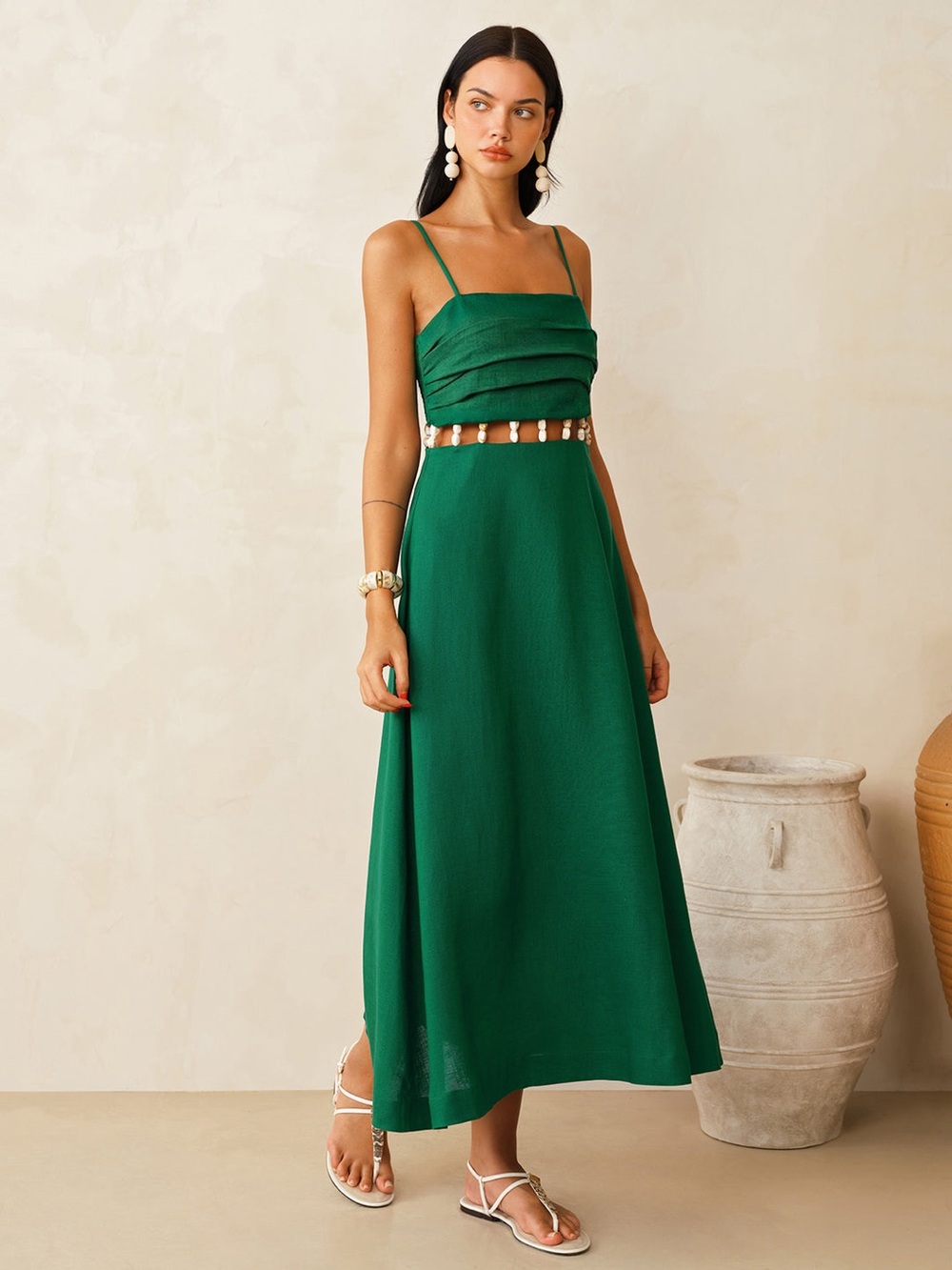 Commense Green Linen-Blend Cutout Waist Cami  maxi  Dress Large